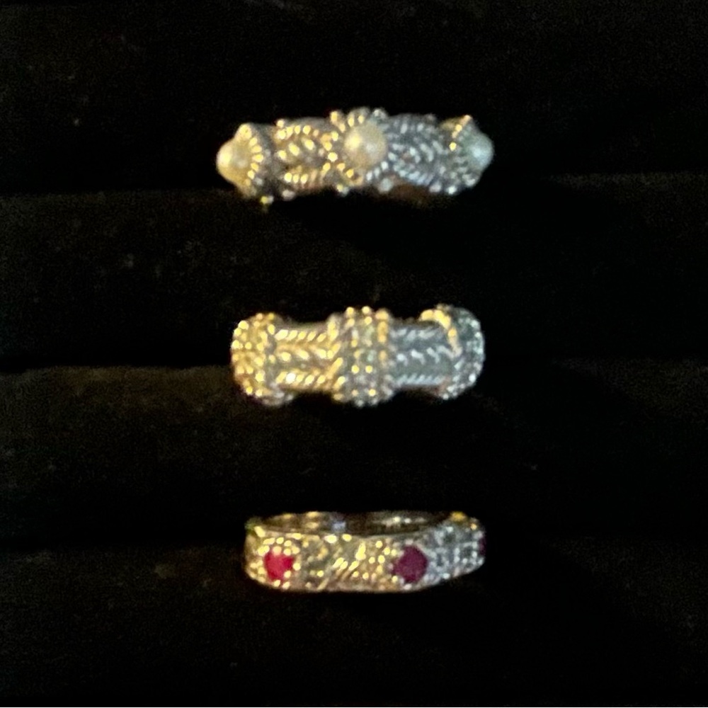 Judith Ripka Silver and Gold Ring Set with Red Gems